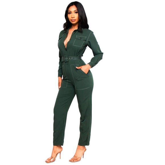 Women's Small Green Long Sleeve Button Front Pant Jumpsuit Belted Pockets Sexy - Picture 4 of 9
